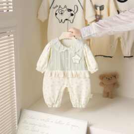 春秋季新生儿爬爬服连体衣清新领边休闲抱服哈衣外出连体衣服哈衣