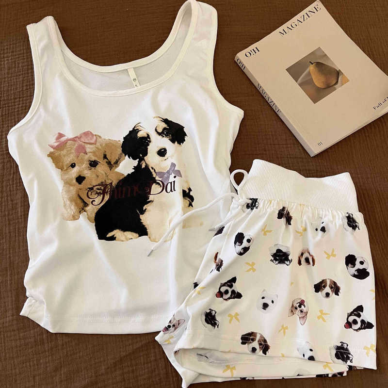 [in Stock] Cute Puppy Sleeveless Vest Pajamas Women's Summer Design Strap Shorts Homewear Set