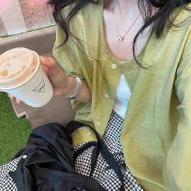 法式绿色防晒长袖衬衫外套女夏季薄款开衫衬衣短款设计感上衣