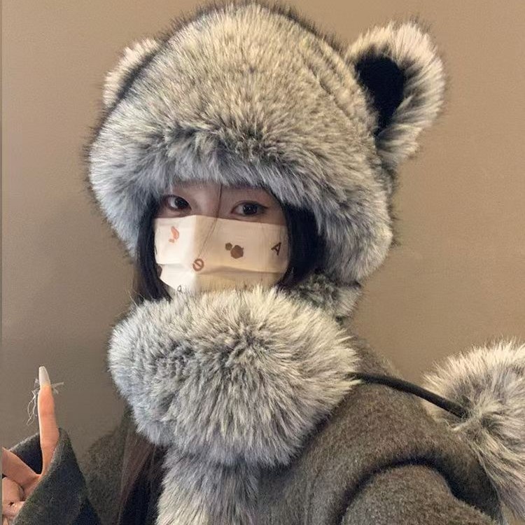 可爱小熊帽子女秋冬加厚保暖仿皮草帽子新款百搭毛绒帽显脸小帽子|undefined