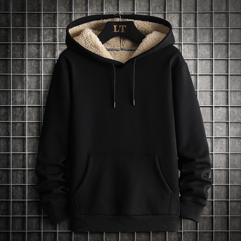 Cross-Border Exclusive Supply, European Size, Main Promotion: Fleece-Lined Lamb Wool Hooded Pullover Solid Color Warm Sweatshirt, Men's Long-Sleeve Jacket, Gray
