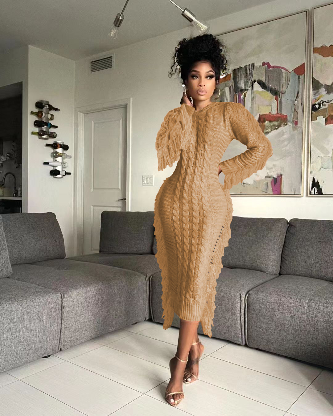 Robe pull femme avec franges longues en maille pour l'hiver_voghion.com