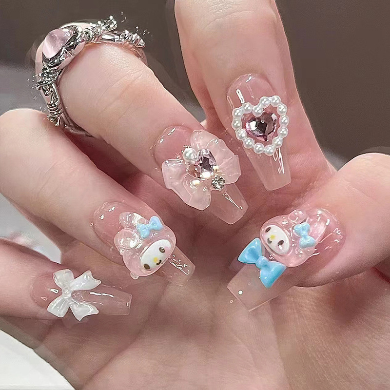 A625-Lovable Wind melody Wears Finished Cartoon Love Dopamine Nail Art Students Fake Nail Patch