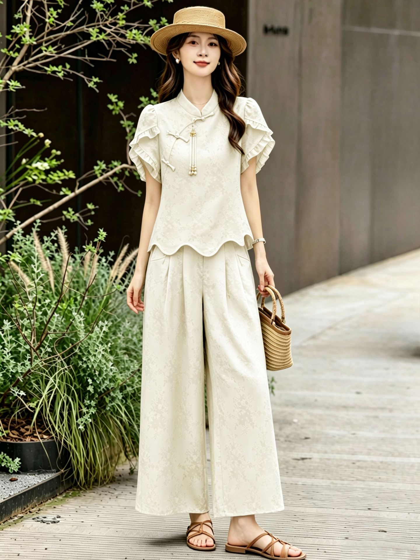 Bộ áo sơ mi họa tiết jacquard kết hợp quần ống rộng cạp thun hai mảnh thời trang — Vàng kem, xanh lá cây