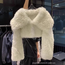 小短款羊卷毛毛外套时尚海军领修身显瘦仿皮草长袖翻领甜美女外套