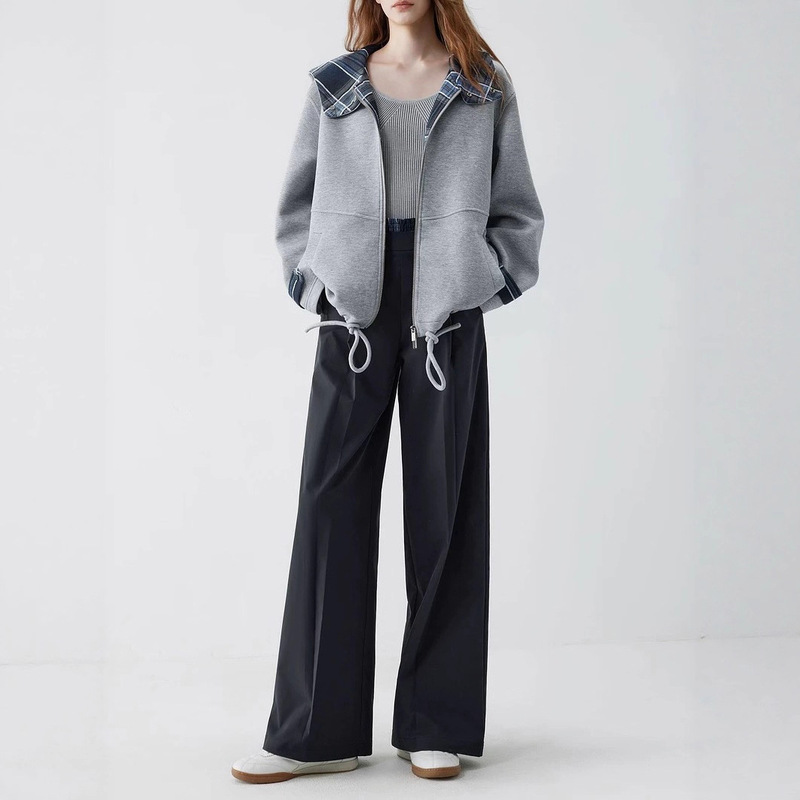 Elle Plaid Patchwork Hooded Sweatshirt Jacket for Women 2025 Autumn New Commuter Short Top Early Spring Casual Style