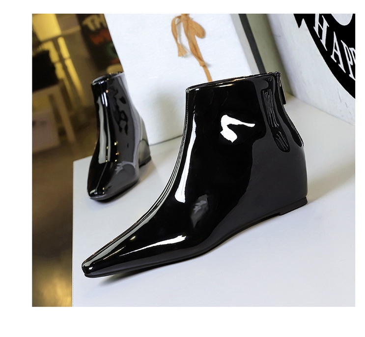 ShoeVault 6632-1 Korean Style Fashion Versatile Hidden Wedge Heel Shiny Patent Leather Short Slimming Women's And Ankle Boots_vogvips.com