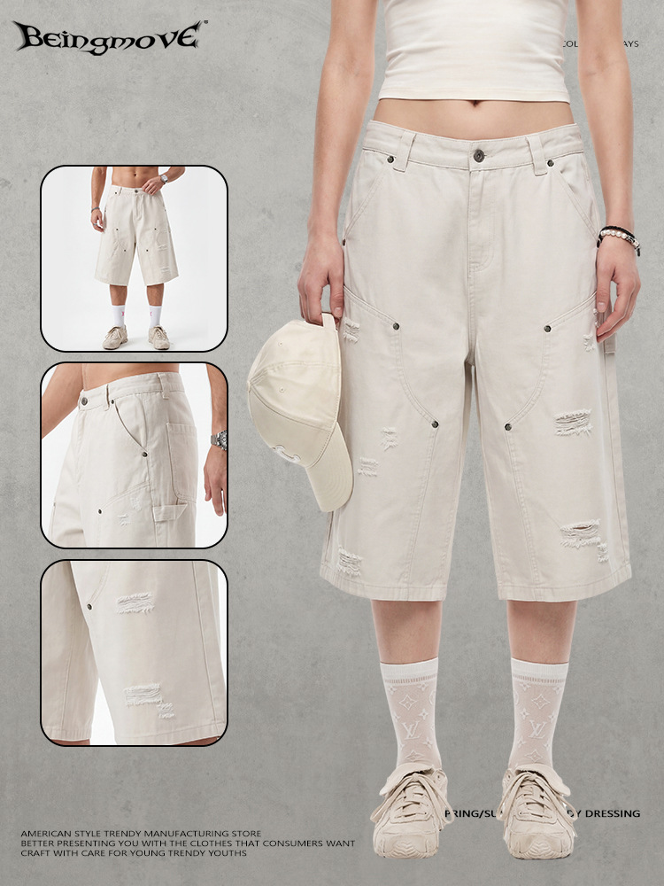 Calle secada| 2026 verano americano callejera alta pantalones retro lavado con agua para hacer viejos agujeros pantalones cortos de hombre