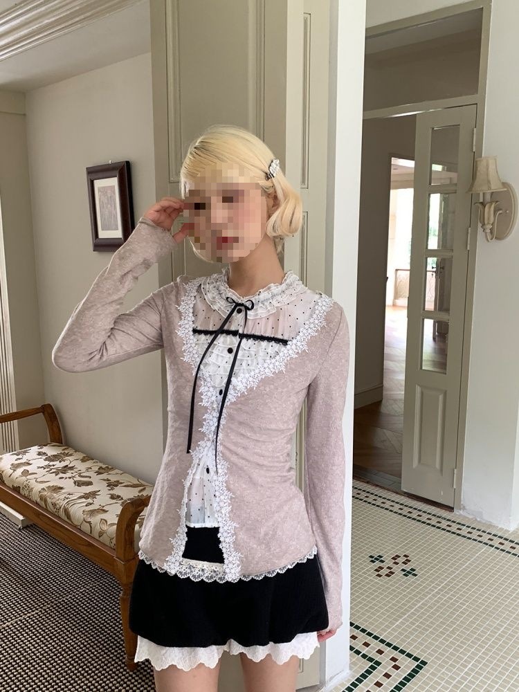 复古甜美花边领开衫+波点衬衣+黑色短裤套装三件套女绵羊绒有吊牌