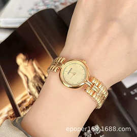 定制款个性时尚高级感金色圆形手表女复古轻奢精致气质防水石英表