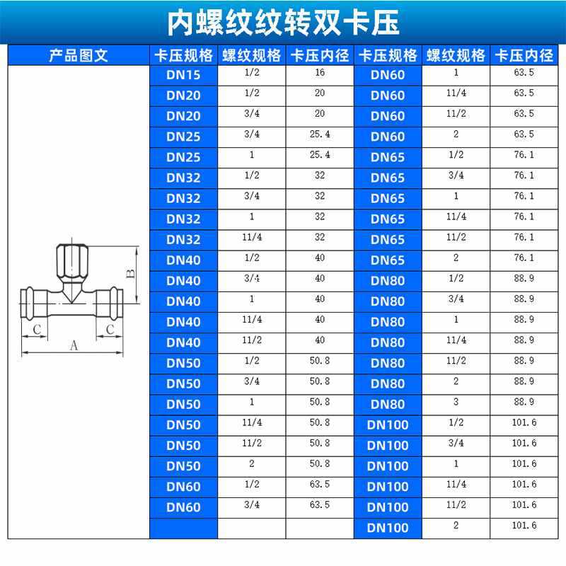 304不锈钢卡压内丝三通卫生级薄壁内牙螺纹水管双卡压式管件接头