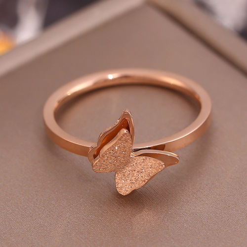 Japanese and Korean version of simple titanium steel ring, double-layered butterfly frosted tail ring, new fashion and romantic women's stainless steel jewelry