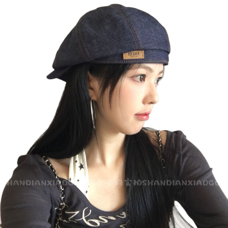 2025年新款牛仔贝雷帽子女春秋复古英伦风反戴八角帽显脸小鸭舌帽|undefined
