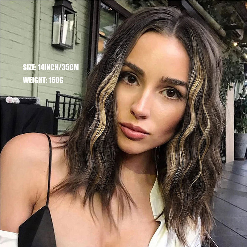 Short European and American Blonde Wig Women's Hair Brown Mixed Blonde Highlight Color 14inch Shoulder-Length Wavy Hair Short European and American Blonde Wig Women's Hair Brown Mixed Blonde Highlight Color 14inch Shoulder-Length Wavy Hair