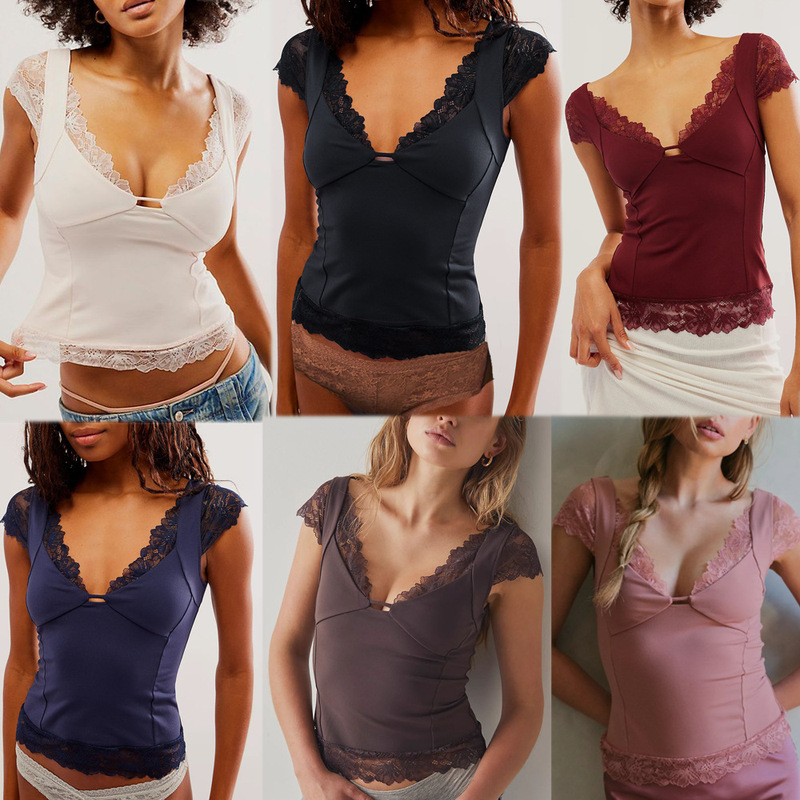 Women's New Lace Sexy Vest Deep V Short-Sleeved Top Sexy Slim Versatile Elegant T-Shirt Su3691