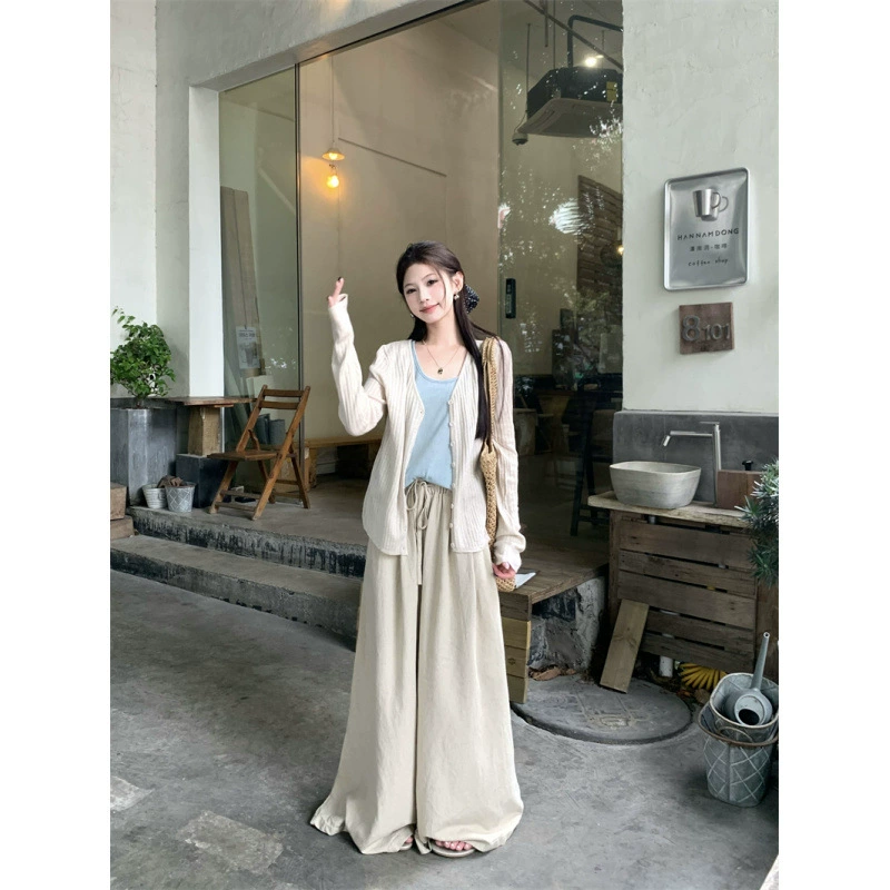 В наличии летний тонкий кардиган из овсянкового трикотажа из ледяного шелка + синий жилет + комплект широких брюк цвета хаки