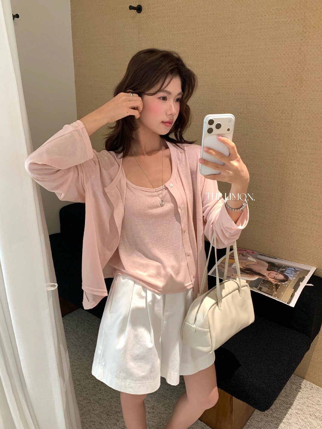 Bộ cardigan len mỏng kèm áo hai dây hai mảnh nữ mùa hè — Xám cacbon, xanh lam, màu hồng, Đậu xanh chi tiết 88