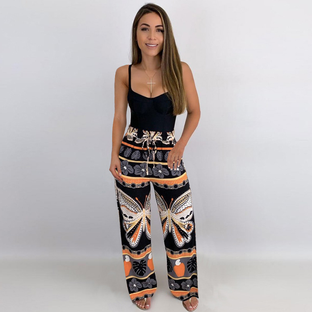 summer high waist wide leg print straight beach trousers NSHYG118518