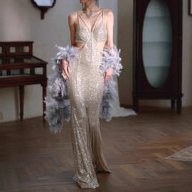 星河人鱼姬爆闪亮片连衣裙设计感露腰party小礼服