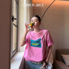 十三行FISHYU韩版彩色口袋立体拉浆印花宽松圆领短袖t恤626093-1