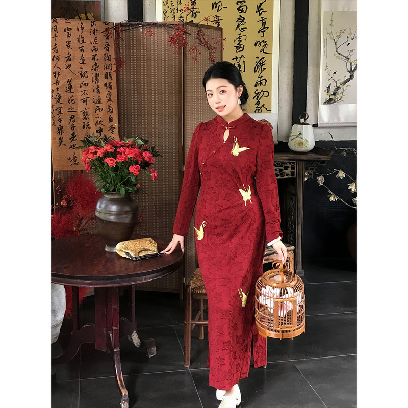 56822 Plus Size Qipao 2026 Red New Chinese Style Improved Qipao for Women Early Autumn Engagement Long Sleeve Jacquard Knit 56822 Plus Size Qipao 2026 Red New Chinese Style Improved Qipao for Women Early Autumn Engagement Long Sleeve Jacquard Knit