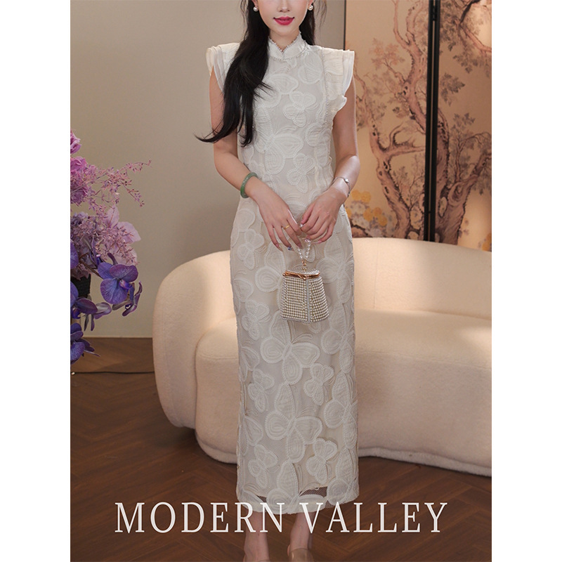 White New Chinese Style National Style Improved Cheongsam dress Women's Summer Long Dress Niche Design High-end Dress