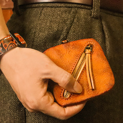 頭層牛皮植鞣皮零錢包女士復古耳機包簡約小巧拉鏈硬幣包收納袋女