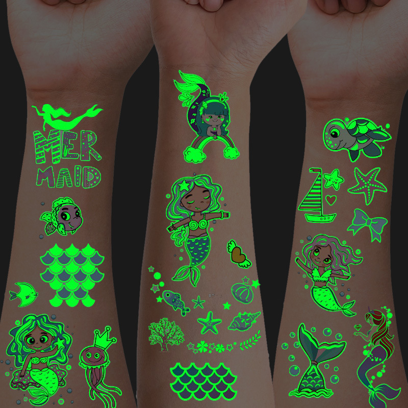 Children's Cartoon Tattoo Sticker Luminous Mermaid Princess Boys and Girls Waterproof Luminous Temporary Face Sticker Cross Border in stock