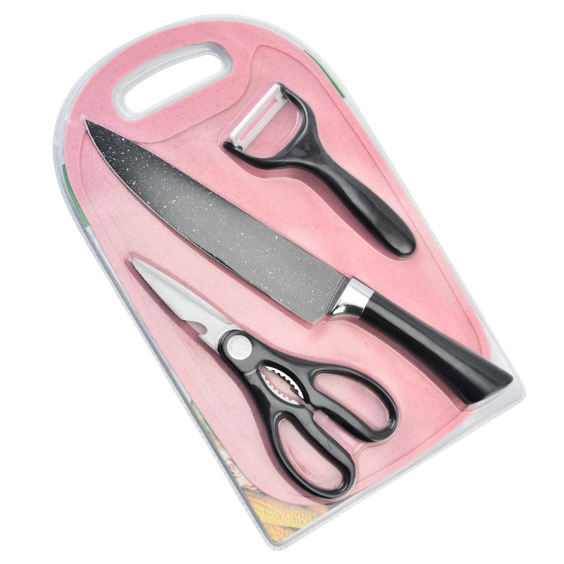 Juego de cuchillos de venta caliente de fábrica con tabla de cortar, súper con agujeros, se puede colgar al por menor y al por mayor, cuchillo de punto de estrella negro, tarjeta de succión de cuatro piezas