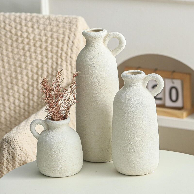 Ceramic Vase 3-Piece Set, Rustic Neutral Style, Simple Home Decor, Farmhouse Pottery, Kitchen Dining Table Entryway Vase