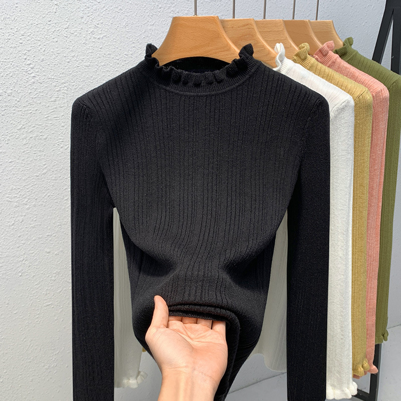 Cuello con volantes punto camisa de fondo para las mujeres 2023 nuevas color sólido suave glutinoso suéter caliente Cintura interior apretado top image 7
