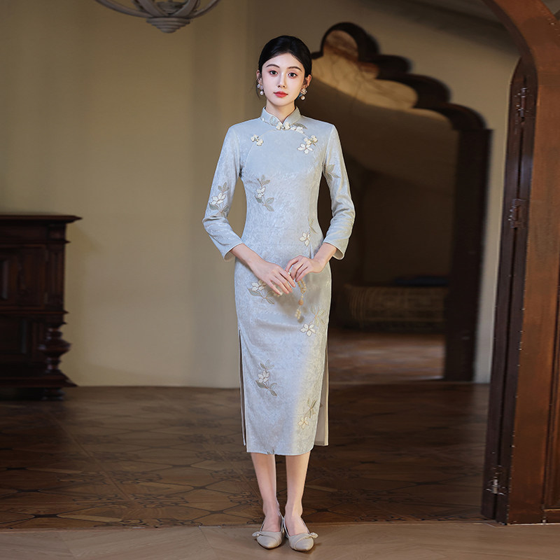 蓝色新中式日常苏州长袖秋季旗袍改良年轻款2026新款女高级感春秋