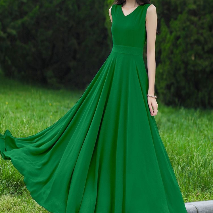 Green Long Flared Dress for Women, 2026 Summer New Style, Slim Fit, Elegant, Sleeveless Long Dress for Vacation