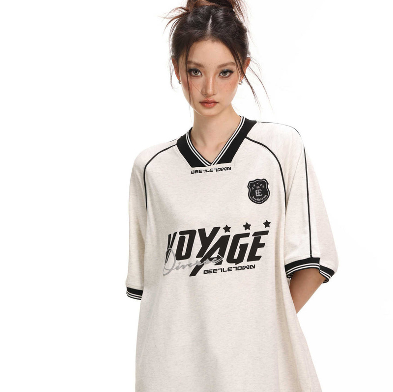Shiyiyue White Loose Five-Quarter Sleeve Jersey Men's and Women's T-Shirt American Preppy Style American Retro Niche Top Shiyiyue White Loose Five-Quarter Sleeve Jersey Men's and Women's T-Shirt American Preppy Style American Retro Niche Top