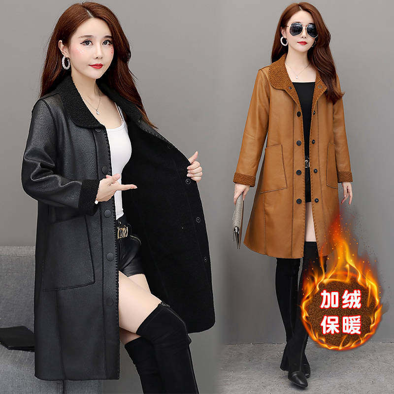 Áo khoác da nữ dáng thẳng cổ ve áo có lông, dài trung bình phong cách đi làm — Màu đen