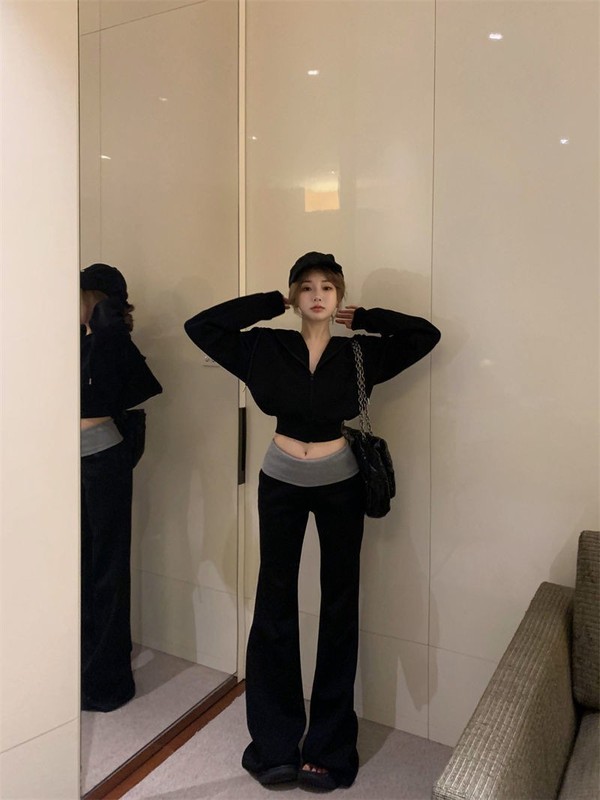 辣妹运动风连帽拉链长袖休闲卫衣外套上衣女撞色微喇拖地裤套装女|undefined