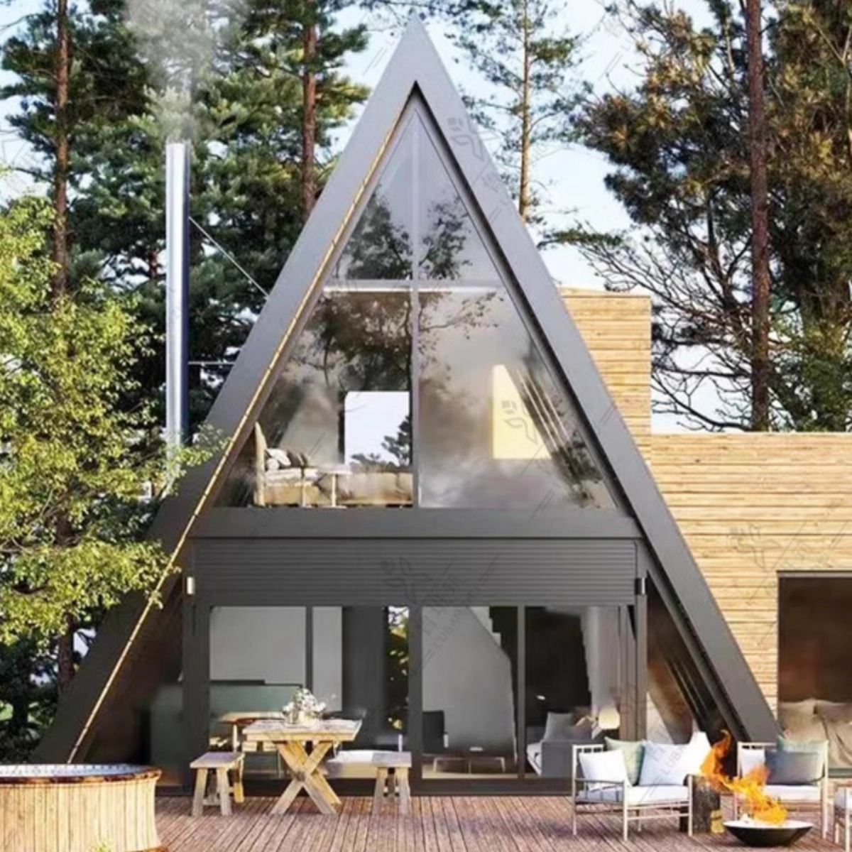 Casa de madera roja casa de vacaciones casa triangular acampada casa de sol paisaje casa de madera casa de alojamiento