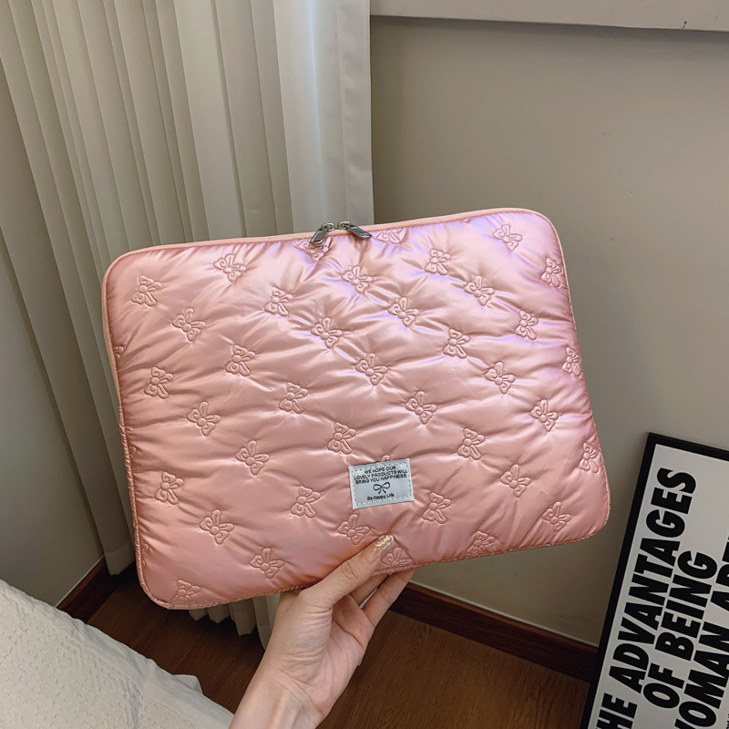 Silver Bow Quilted Laptop Sleeve Fashionable Thickened Shockproof Notebook Tablet Storage Protective Case