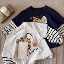 跨境外贸纯棉儿童t恤长袖条纹假两件卡通老鼠百搭打底衫上衣春秋