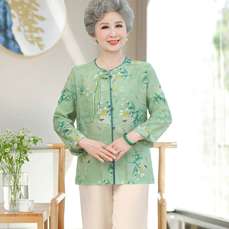 Мама одеваются весной и летом набор 2024 новые вышитые пуговицы топ брюки свободные удобные круглые воротники с длинными рукавами