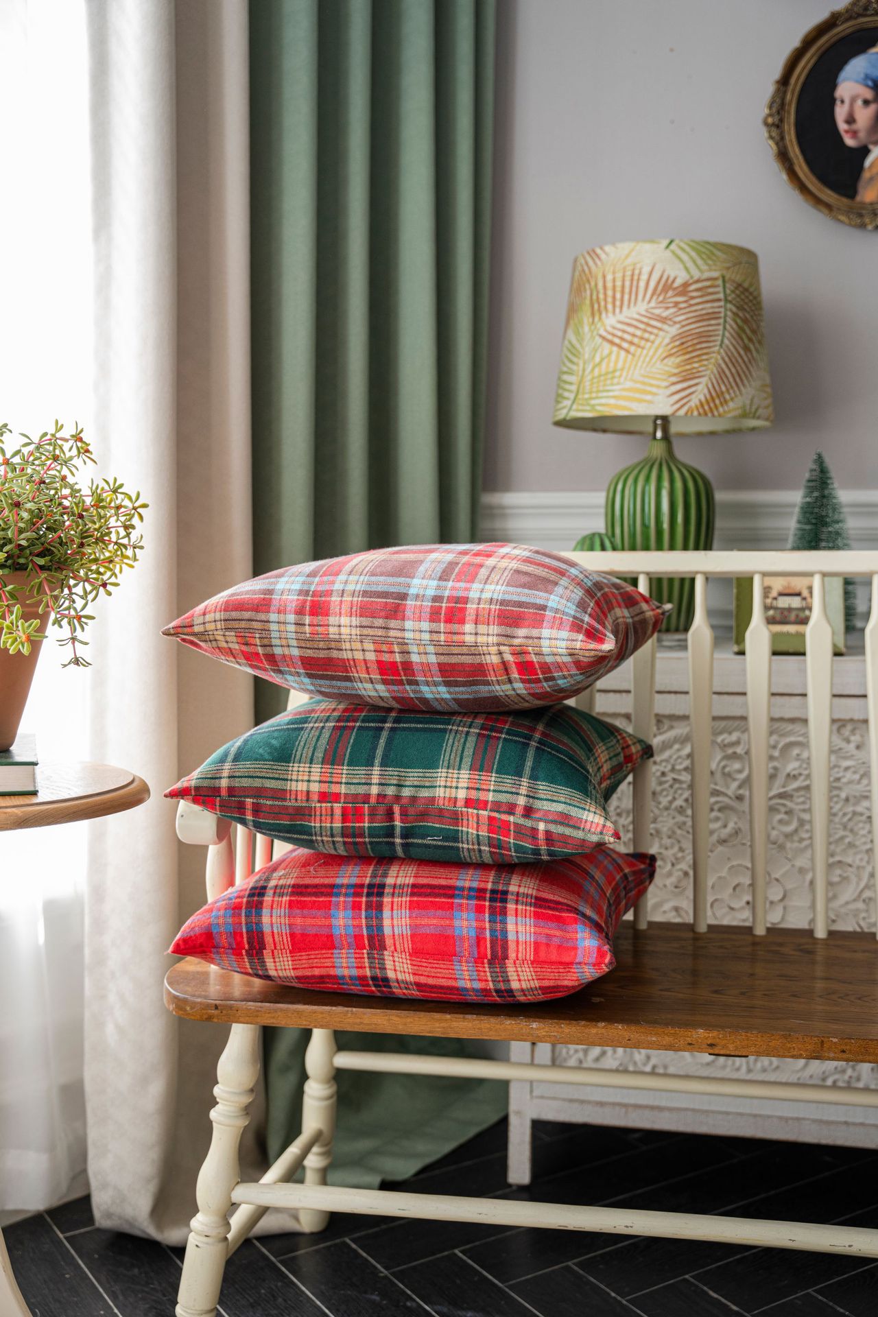 绿色格子抱枕套