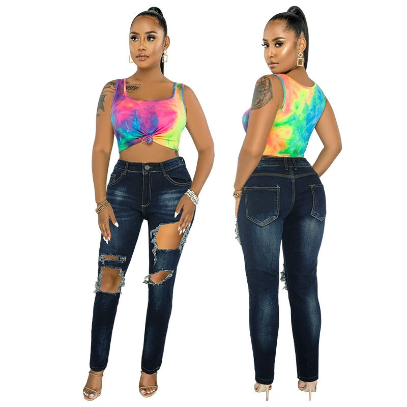 21813 трансграничная женская одежда 2021 осень новая дырка лошадь скользит вода сексуальные джинсовые брюки Amazon New