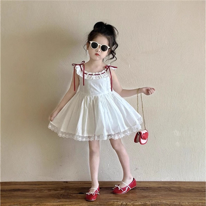 Girls' Dress Summer New Style French Ruffled Sleeveless Lace Vest Princess Dress for Small and Medium-Sized Children Dropshipping
