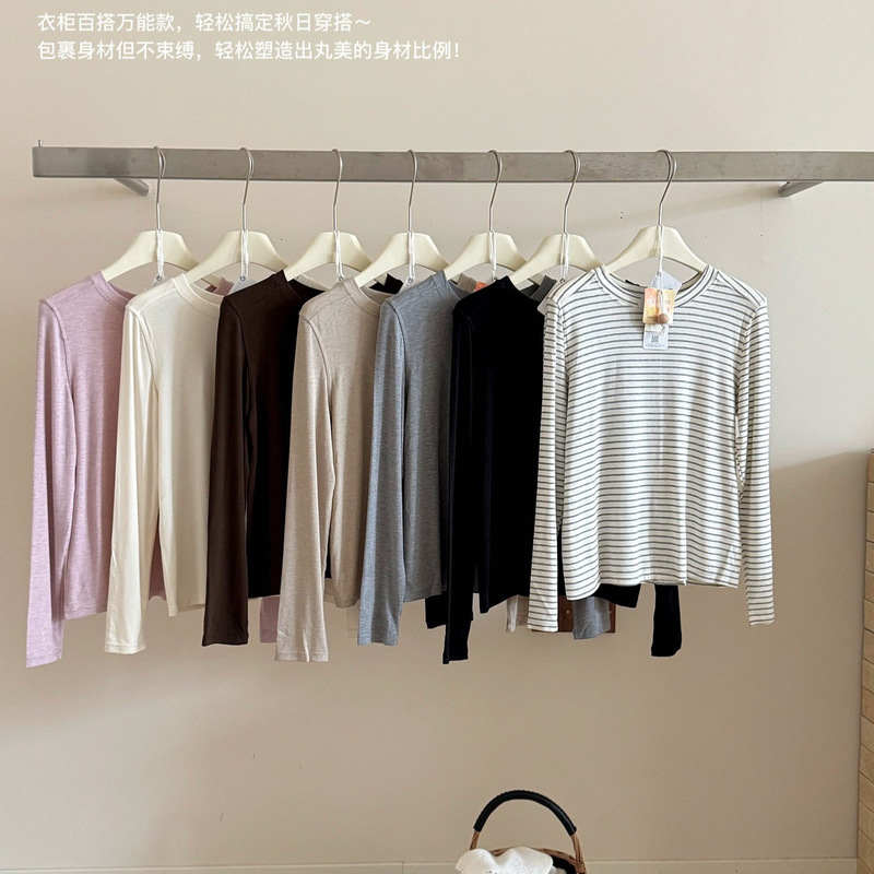Buxiaojiu silk and wool blend round-neck base layer top for women, versatile solid-color T-shirt for autumn and winter, skin-friendly long-sleeve innerwear Buxiaojiu silk and wool blend round-neck base layer top for women, versatile solid-color T-shirt for autumn and winter, skin-friendly long-sleeve innerwear