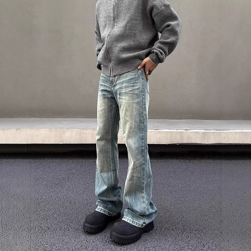 Men's Clothing Men's American Style Washed Blue Cleanfit Jeans Slightly Flared Straight Leg Retro Vintage Spring Autumn_mkmklike.com