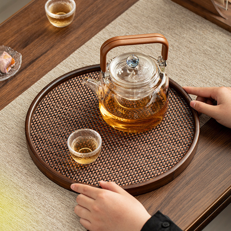 干配件家用道功夫茶具办公仿收纳简约圆形竹托盘泡茶竹编托盘