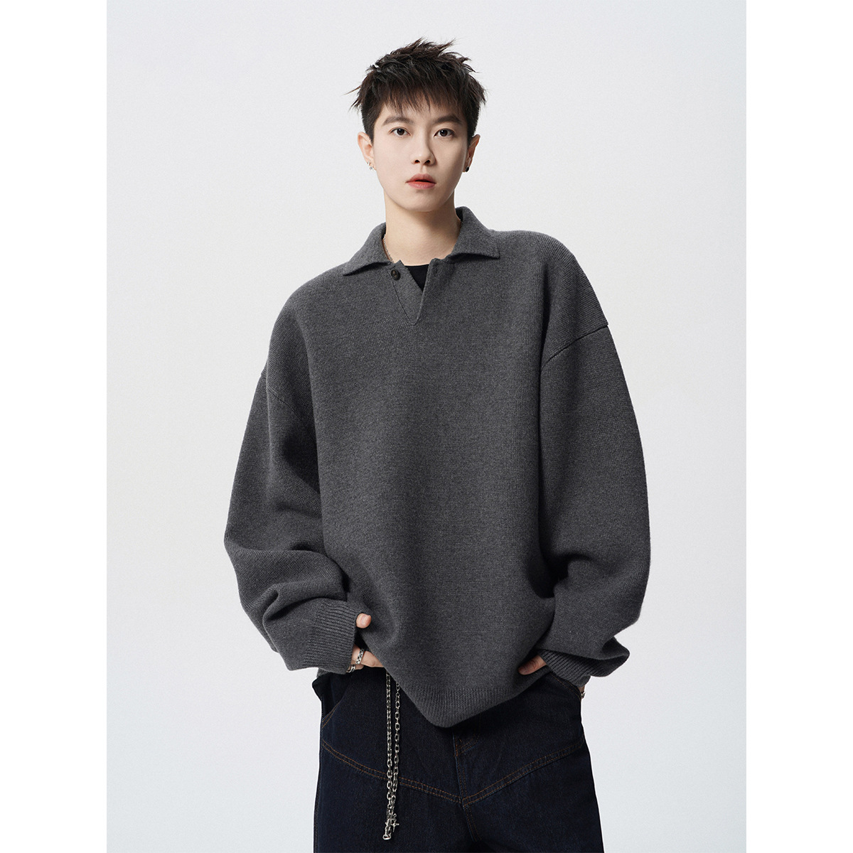 High-End Polo Collar Knitwear Men's Spring and Autum Trendy Brand Lazy Bf Pure Color Knitwear American Versatile Couple Tops