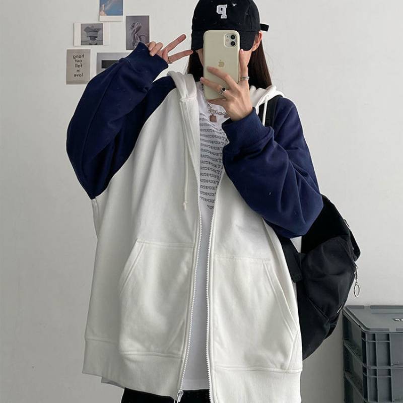 300斤胖大码外套女潮百搭春秋薄款学生宽松撞色连帽开衫卫衣