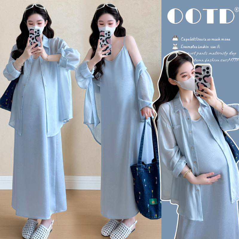 Maternity Wear 2025 Summer New Korean Style Fashionable Satin Jacquard Suspender Skirt + Sun Protection Shirt Two-Piece Suit