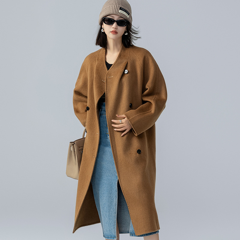 2023 autumn and winter New stand collar double-sided cashmere coat women's long cocoon-type alpaca woolen coat popular woolen coat